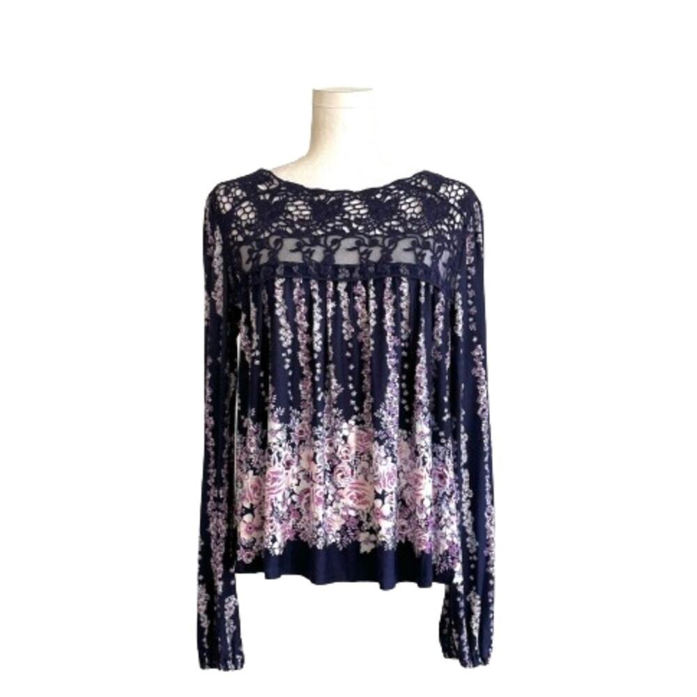Living Doll Top Blue Pink Floral Lace Long Sleeve Boho Blouse Top Size Large NEW